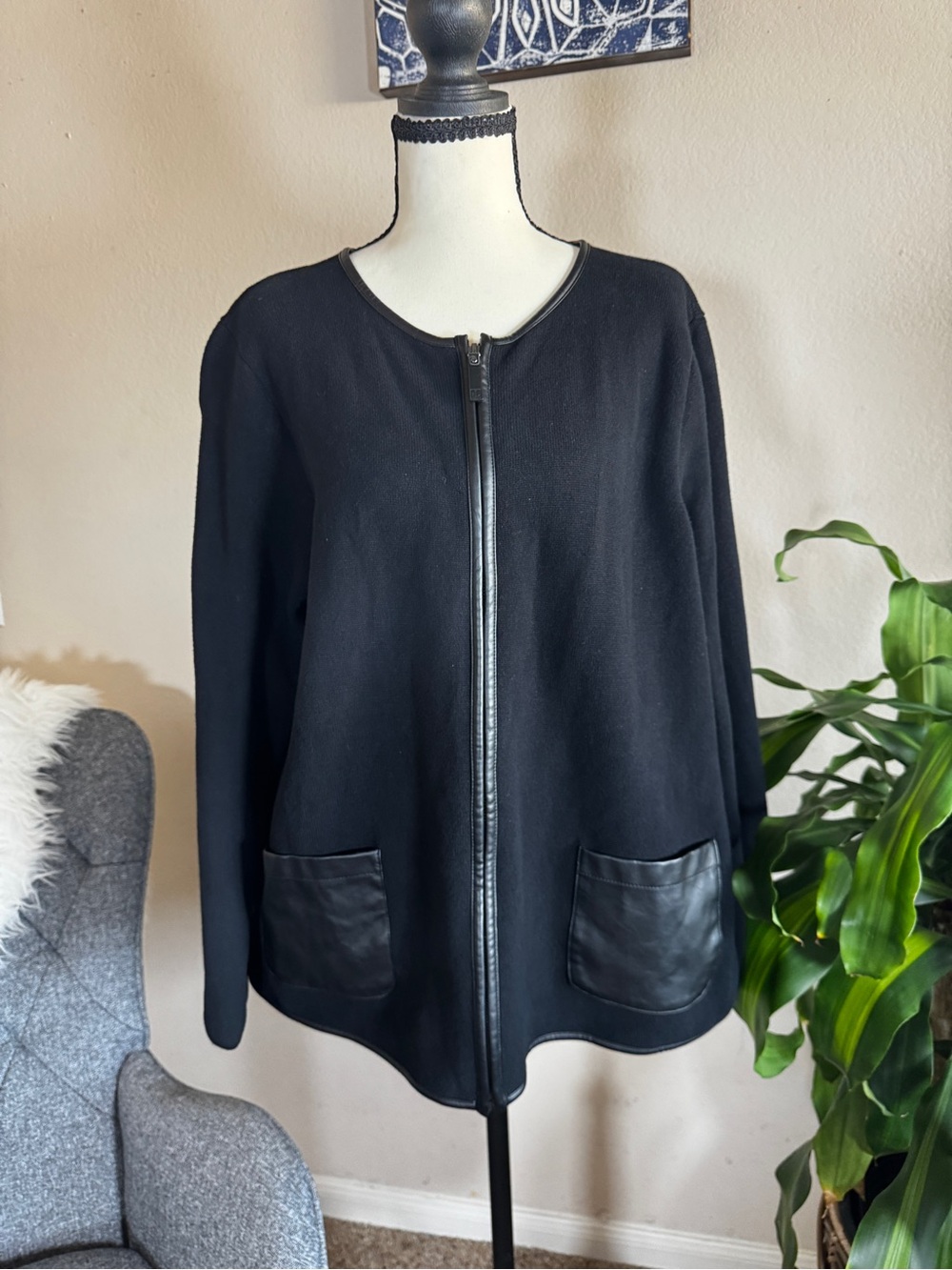 Ralph Lauren Black Zip-Front Cardigan with Leather-Trim Pockets